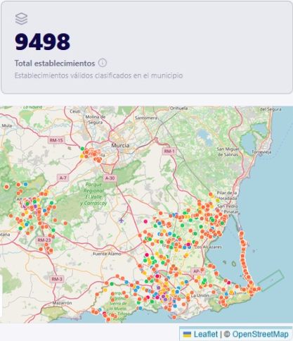 Radiografía Comercial de la Región de Murcia: establecimientos localizados sobre el mapa. Amplía para consultar indicadores y comparativas municipales.
